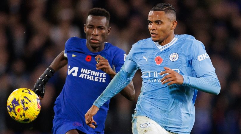 Chelsea&#039;s Nicolas Jackson and Manchester City&#039;s Manuel Akanji challenge for a ball in November 2023.