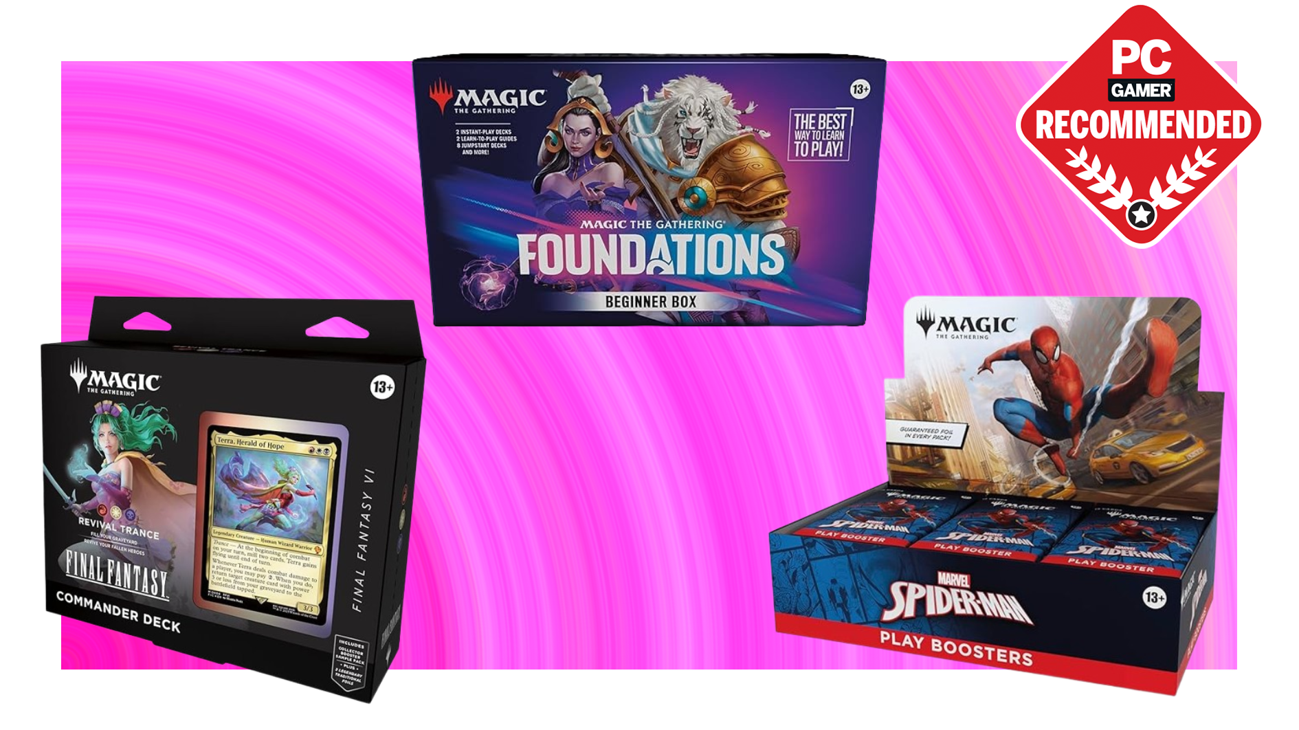 Magic: The Gathering Beginner Box, FF Commander Deck, and Spider-Man Play Booster Box on a pink background