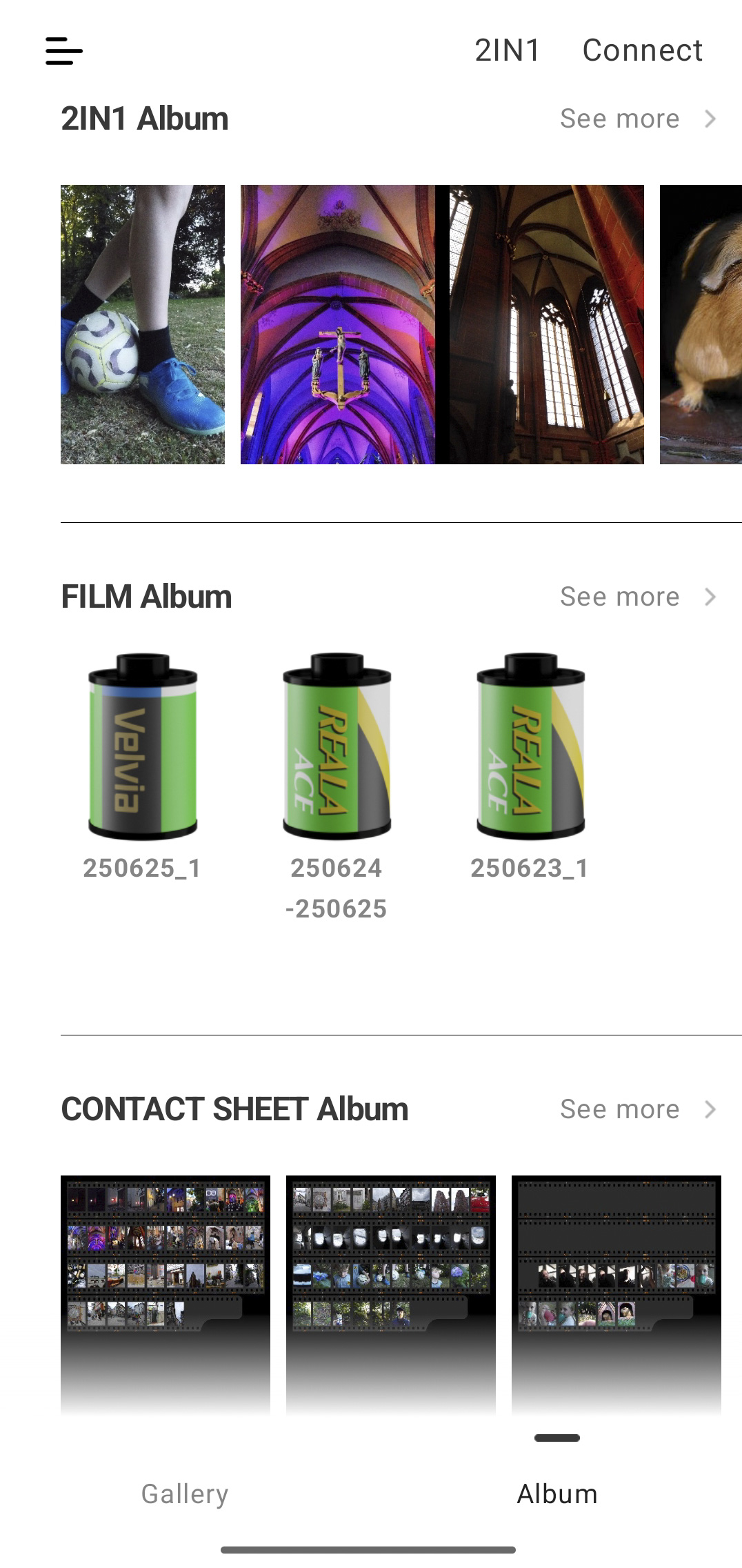 Fujifilm X half app UI, developing film, contact sheet, image gallery