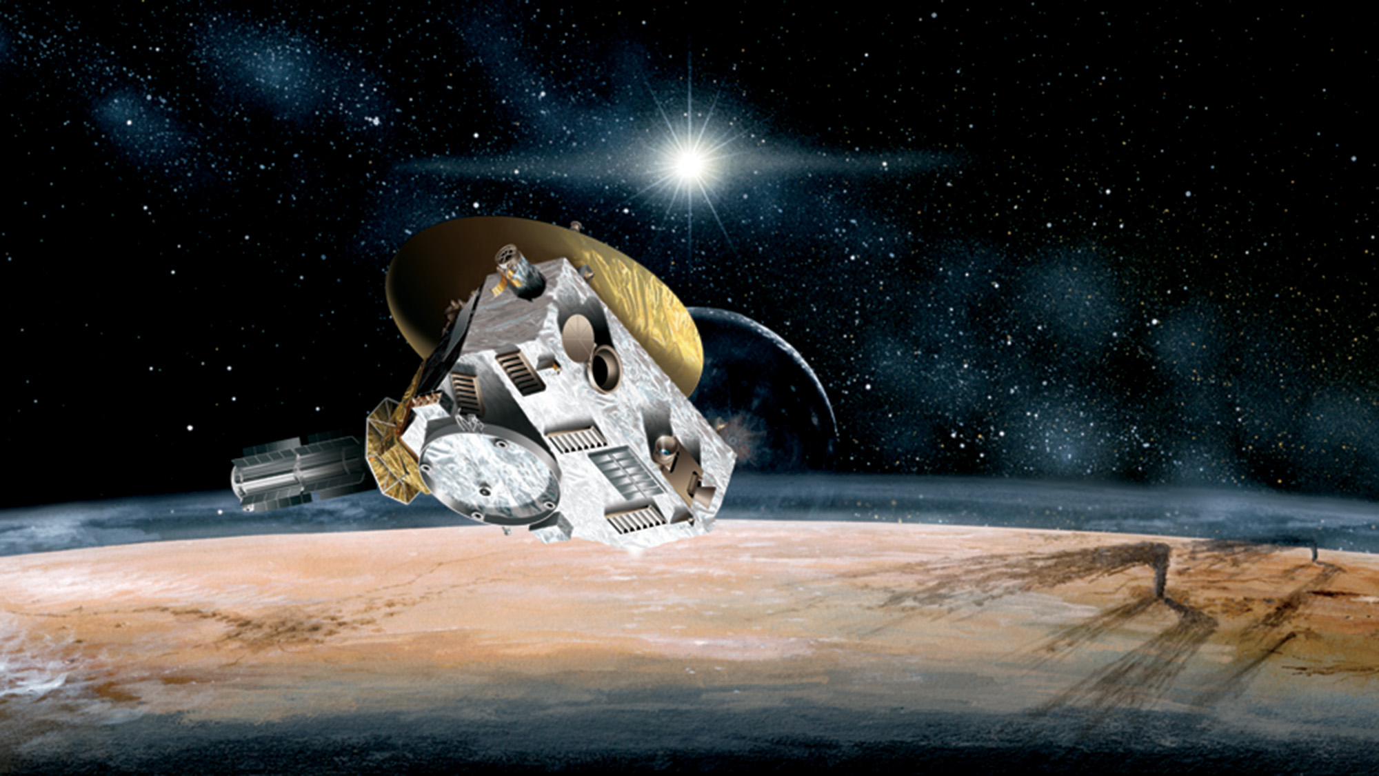 An illustration of a spacecraft above a tan planet