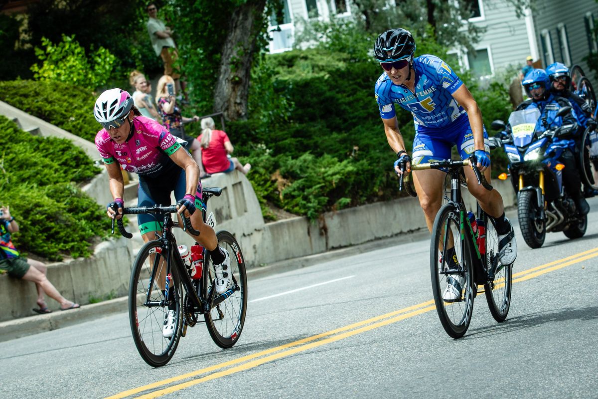 Silvia Valsecchi (BePink) and Rebecca Wiasak (Fearless Femme) on the way up the QOM climb on stage 3 of the Colorado Classic on August 24, 2019 in Golden, Colorado.