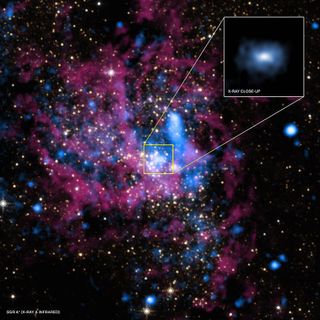 A Hubble Space Telescope infrared view of the center of the Milky Way galaxy. The inset shows X-rays in the region around Sagittarius A*, the supermassive black hole in the galaxy's heart.