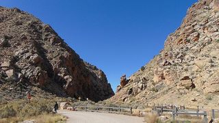 Two desert hills meet in a V shape at Parowan Gap in Utah