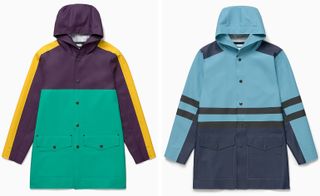Two images, Left- Coloured hooded raincoat, Right- Blue hooded raincoat