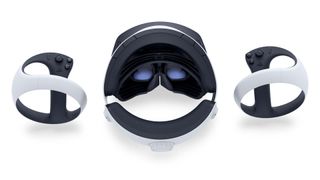 Sony's PS VR2 headset with controllers on a white background