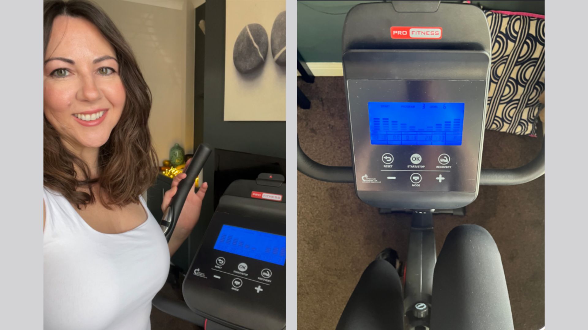 Susan Griffin riding stationary bike with selfie