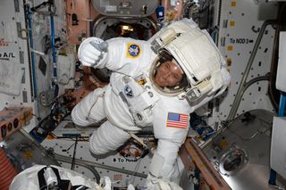 Expedition 51 Flight Engineer Jack Fischer of NASA is seen inside the International Space Station in his spacesuit during a fit check, in preparation for the 200th spacewalk at the station. It was also Fischer's first spacewalk, and occurred on May 12, 2017.