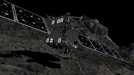 Artist's illustration of Europe's Rosetta probe ending its mission by touching down on Comet 67P Churyumov-Gerasimenko on Sept. 30, 2016. 