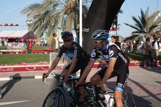 Jeremy Hunt (Sky) and Heinrich Haussler (Garmin-Cervelo) at the launch of Doha's free bikes scheme.