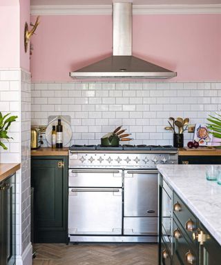 modern kitchen with stainless steel oven and pink wall