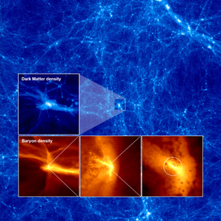 Projected distributions of density for dark matter (background and top panel) and gas (bottom three panels) as a massive star forms. The distribution is an asymmetrical, wedge-shaped structure. In the right panel, you can see a gravitationally unstable region that is 26,000 times the mass of the sun.