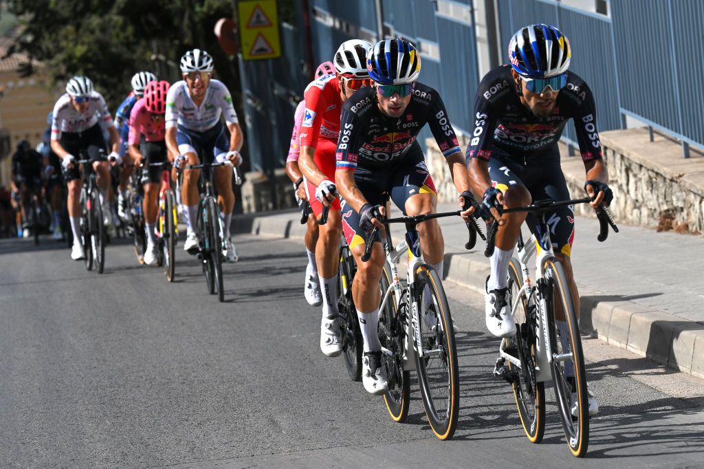 VILLINGENSCHWENNINGEN GERMANY AUGUST 24 LR Primoz Roglic of Slovenia and Daniel Martinez of Colombia and Team Red Bull Bora hansgrohe compete during the La Vuelta 79th Tour of Spain 2024 Stage 8 a159km stage from Ubeda to Cazorla 1056m UCIWT on August 24 2024 in Cazorla Spain Photo by Christian KasparBartkeGetty Images