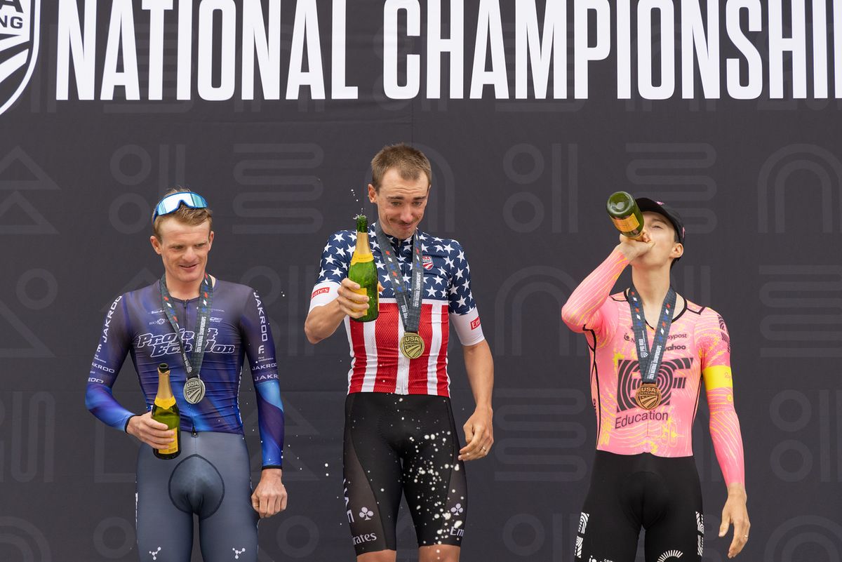 Elite men's ITT podium at 2024 USA Cycling Pro Road Nationals (LtoR): Tyler Stites second, winner Brandon McNulty, Neilson Powless third