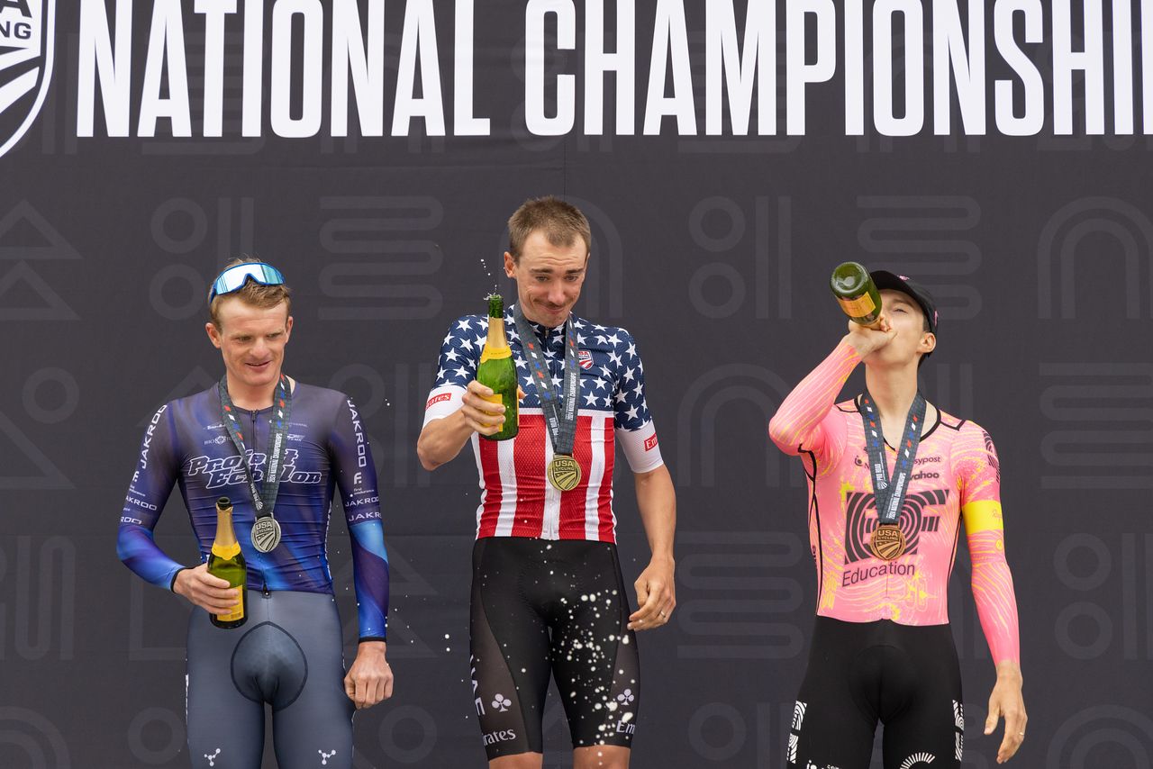 Elite men's ITT podium at 2024 USA Cycling Pro Road Nationals (LtoR): Tyler Stites second, winner Brandon McNulty, Neilson Powless third