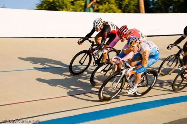Zak Kovalcik, Aaron Beardsley, and Daniel Holloway battle in a Keirin heat.