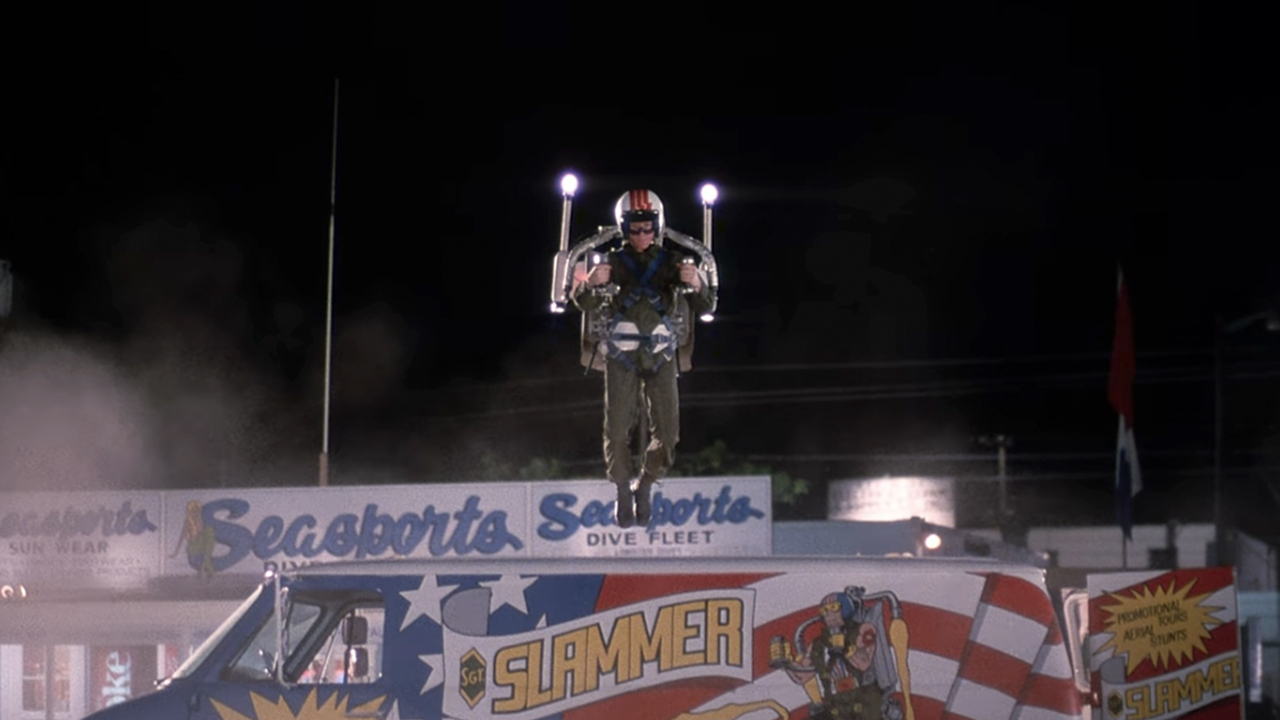 Joaquin Phoenix's character flying with a jet pack in Russkies.