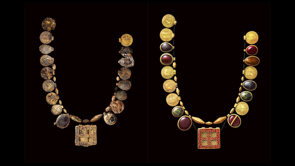 A reconstruction of the early medieval necklace (left) next to an illustration of it (right).