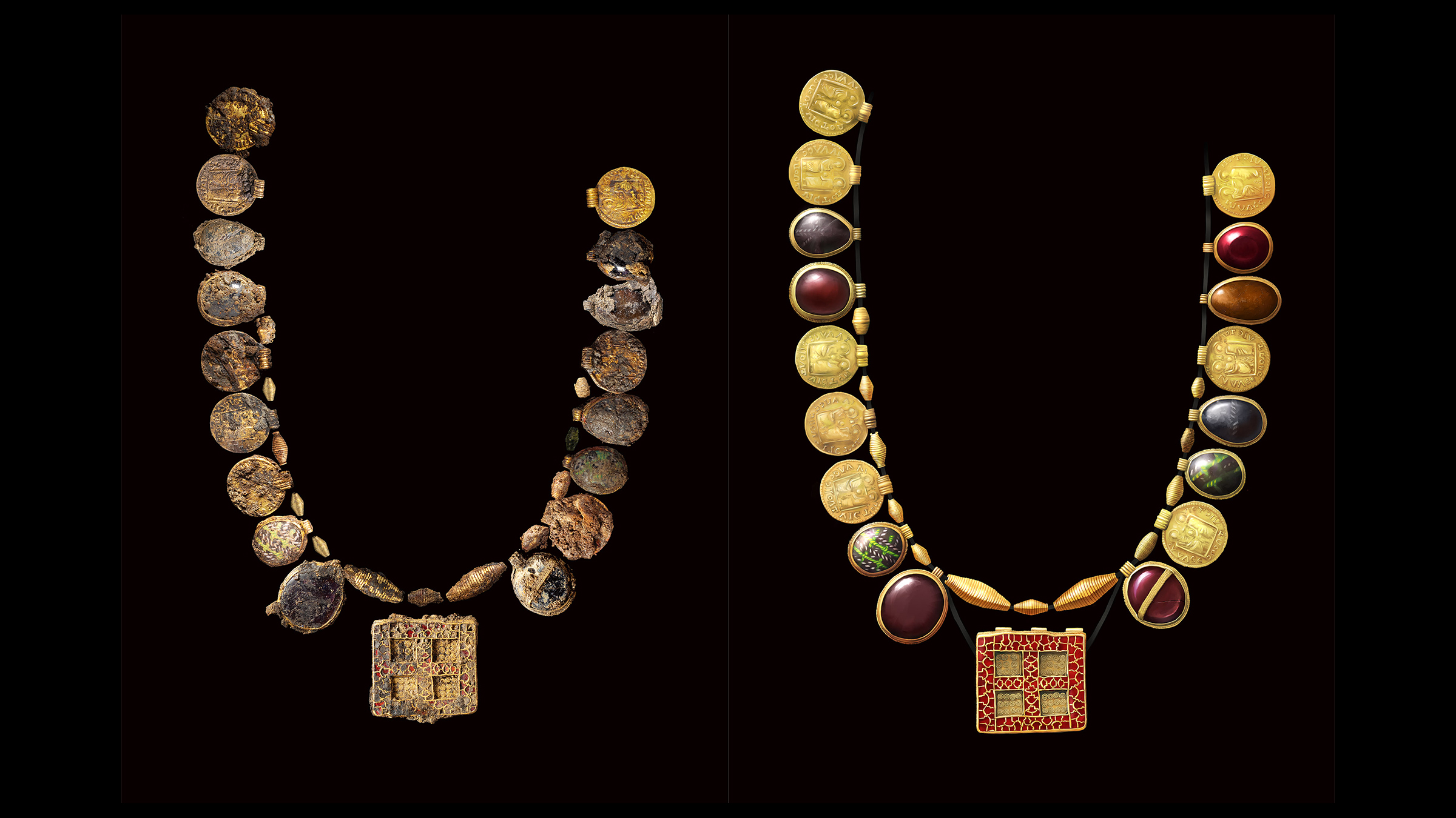 A photo of the reconstructed necklace (left) next to an illustration of it (right).