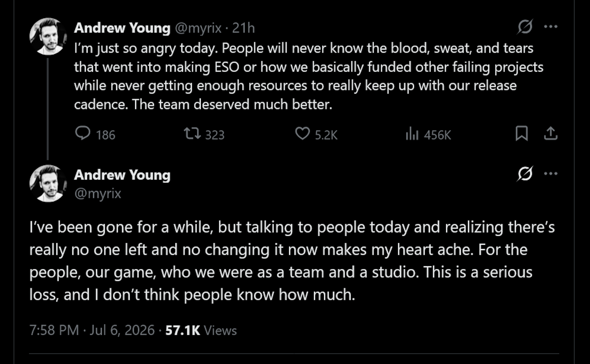 Andrew Young tweet: I&amp;rsquo;m just so angry today. People will never know the blood, sweat, and tears that went into making ESO or how we basically funded other failing projects while never getting enough resources to really keep up with our release cadence. The team deserved much better. I&amp;rsquo;ve been gone for a while, but talking to people today and realizing there&amp;rsquo;s really no one left and no changing it now makes my heart ache. For the people, our game, who we were as a team and a studio. This is a serious loss, and I don&amp;rsquo;t think people know how much.