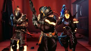 Destiny 2 armour set bonuses: From left to write, a Warlock, Titan, and Hunter walking towards you with weapons at the ready.