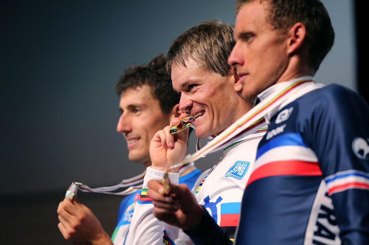 The men's time trial podium featured none of the pre-race favourites as Adriano Malori (Italy, Vasil Kiryienka (Belarus) and Jerome Coppel (France) proved too good on the day