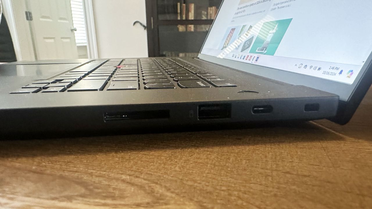 A close-up of the side ports on a laptop.