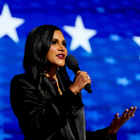 Actress Mindy Kaling speaks during the Democratic National Convention (DNC) at the United Center in Chicago, Illinois, US, on Wednesday, Aug. 21, 2024.