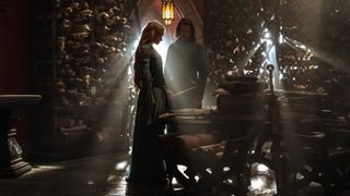 Galadriel and Elendil look at documents in Númenor's Hall of Law in The Rings of Power episode 3