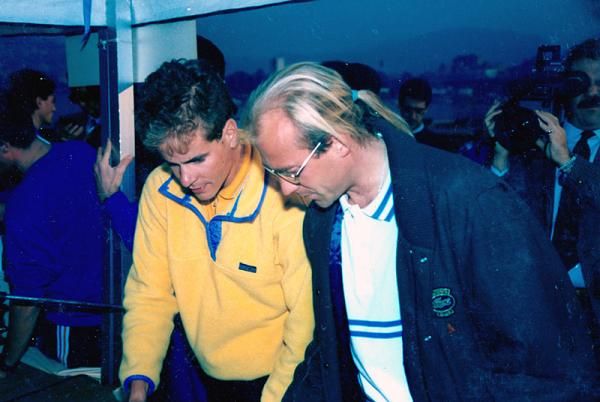 Andy Hampsten and Laurent Fignon sign in for the 1989 Tour of Lombardy.