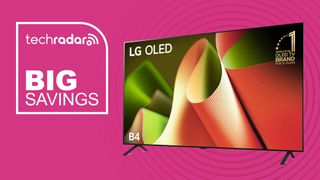 LG B4 OLED TV on a pink background with Techradar logo and "Big Savings" text in white.