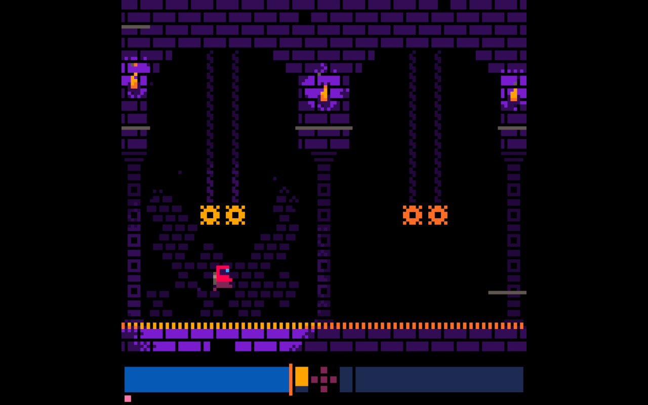 A little jetpack person floats above red spikes