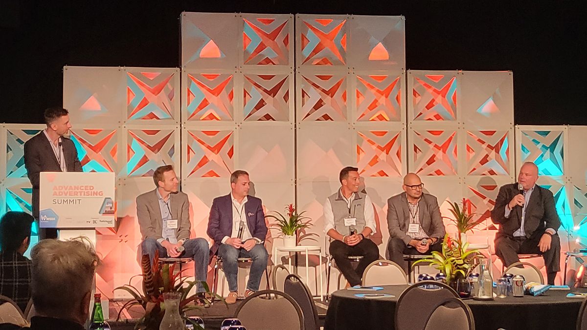 (From l.): Moderator Daniel Punt leads a conversation with Premion&#039;s Dave Marquard, Gamut Smart Media from Cox&#039;s Adam Gaynor, MadHive&#039;s Joe Marino, Atmosphere&#039;s Jack Mollins, and Fox Television Stations&#039; Tom Fleming during the Growing Local OTT panel at the Advanced Advertising Summit.