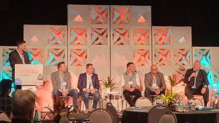 (From l.): Moderator Daniel Punt leads a conversation with Premion's Dave Marquard, Gamut Smart Media from Cox's Adam Gaynor, MadHive's Joe Marino, Atmosphere's Jack Mollins, and Fox Television Stations' Tom Fleming during the Growing Local OTT panel at the Advanced Advertising Summit.