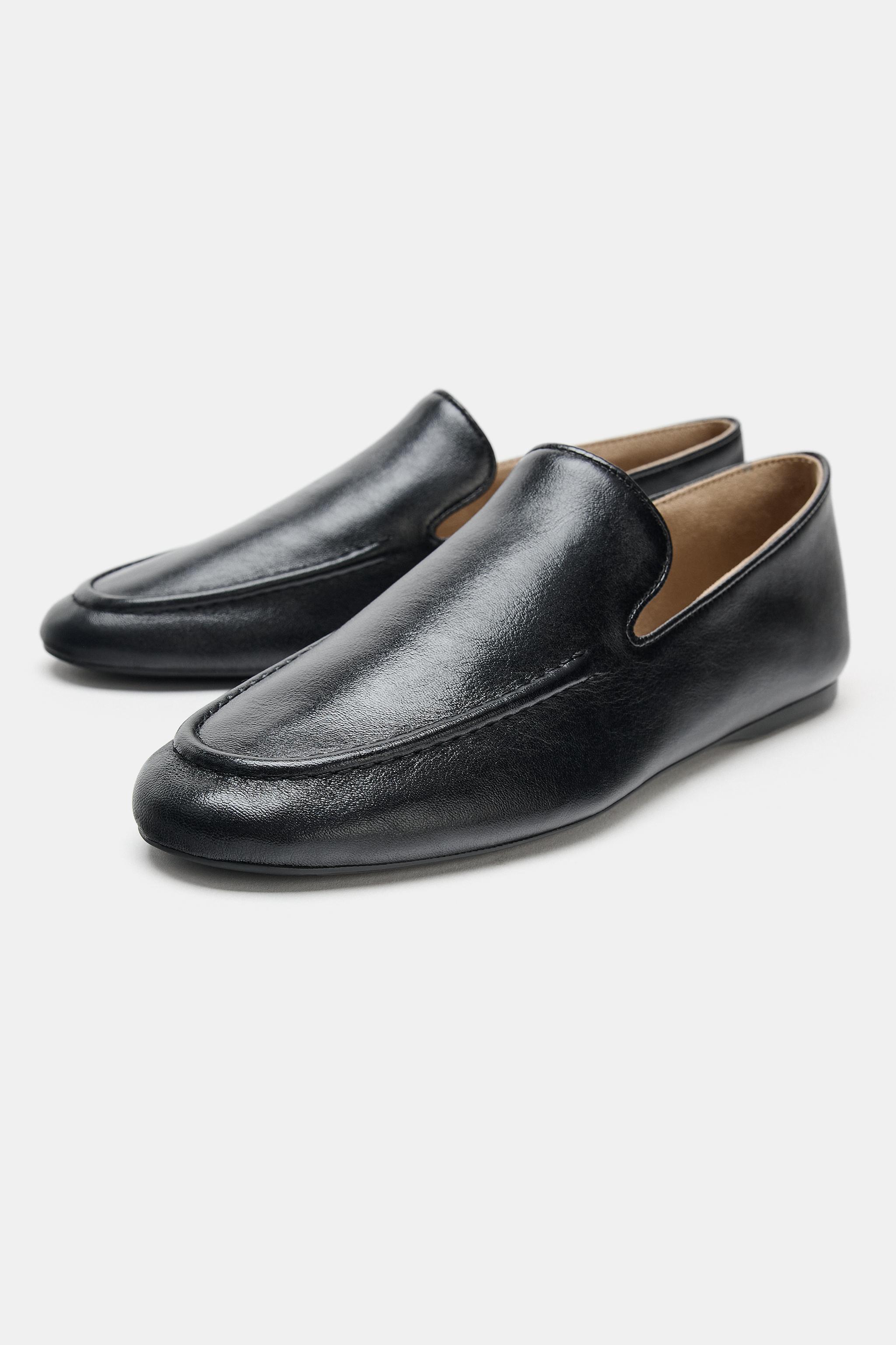 Leather Flat Shoes - Black - 5