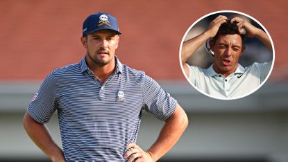 Main image of Bryson DeChambeau with his hand on his hip and inset of Rory McIlroy making an anguished facial expression