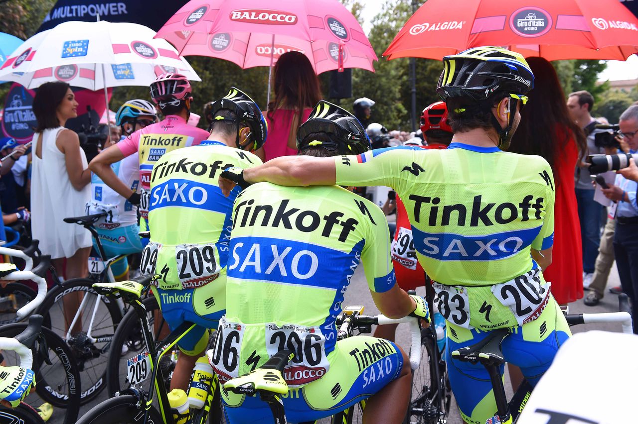 The Tinkoff-Saxo riders before the start of the stage