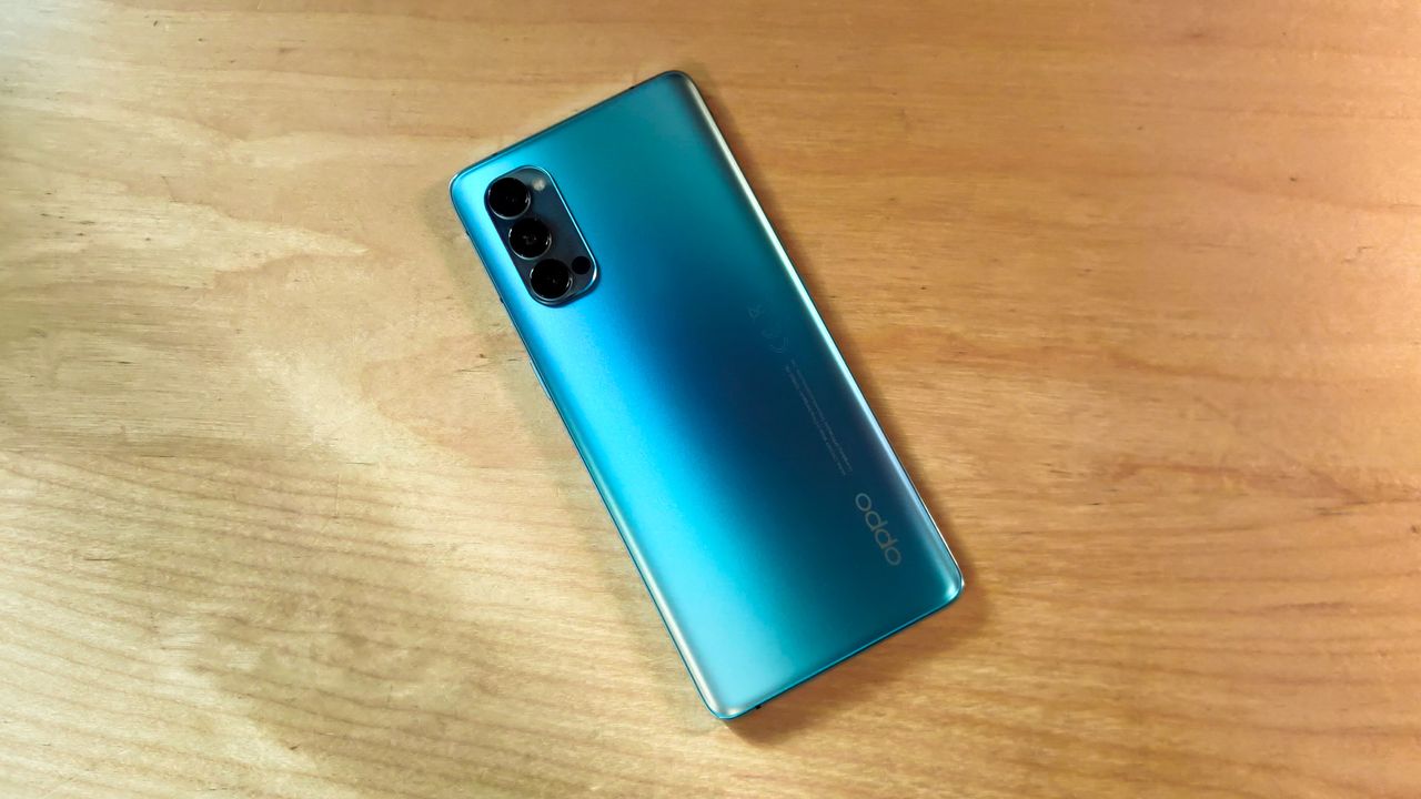 The rear of the Oppo Reno4 Pro 5G as seen face-down on a surface