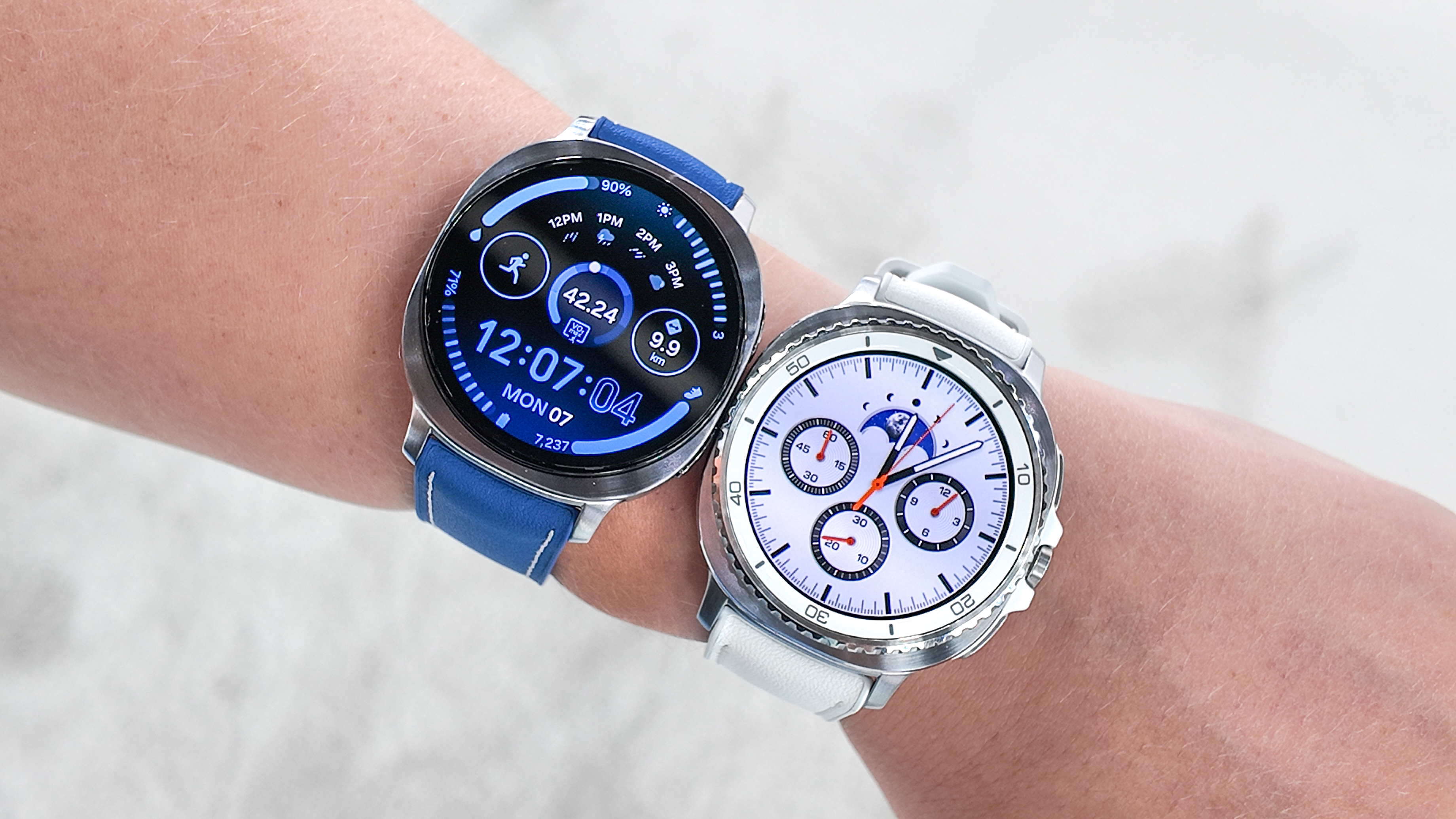 Close-up of the Samsung Galaxy Watch 8 on the writer&#039;s wrist