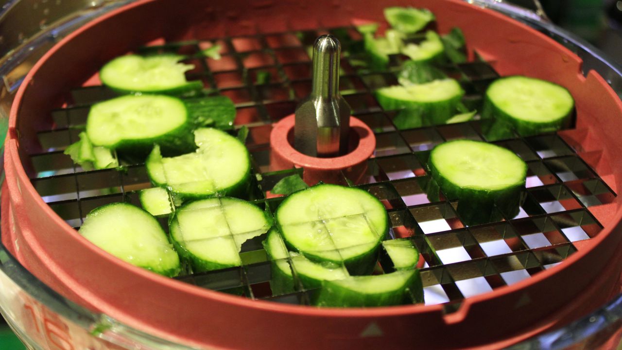 Breville Paradice 16 Food Processor making chopped salad with cucumber