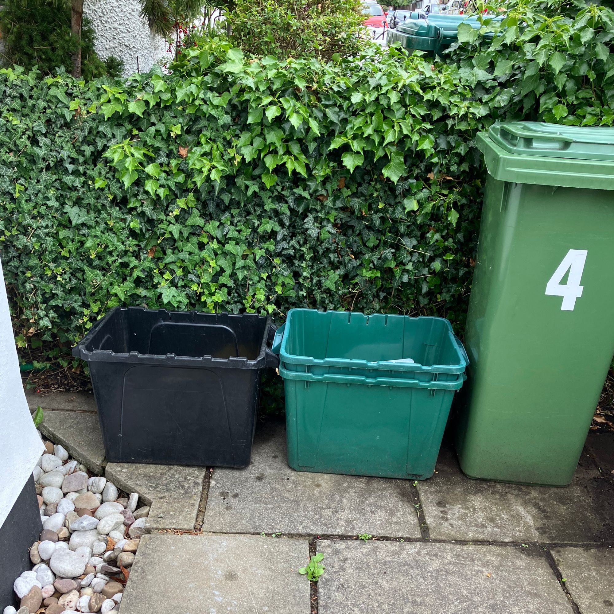 front garden with wheelie bin and recycling