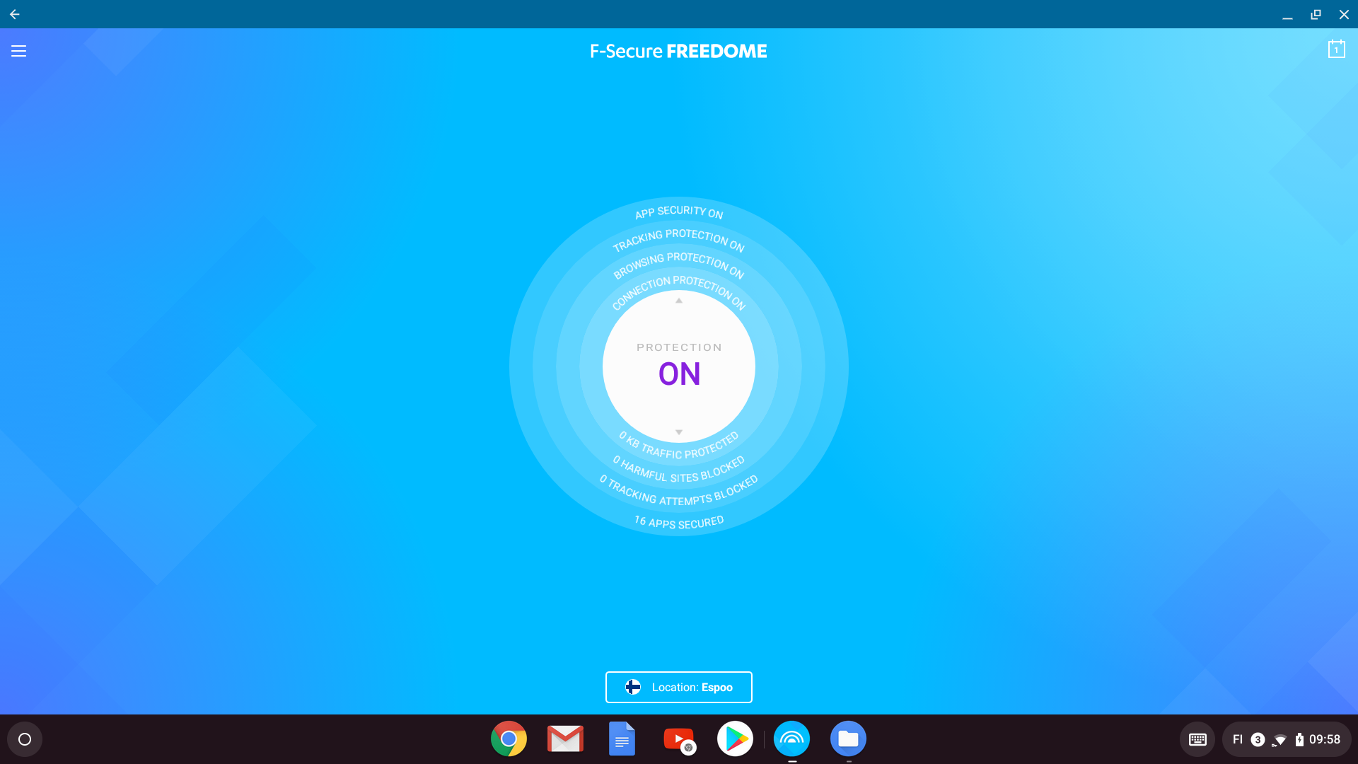 A screenshot displaying the home screen of F-Secure's Freedom VPN