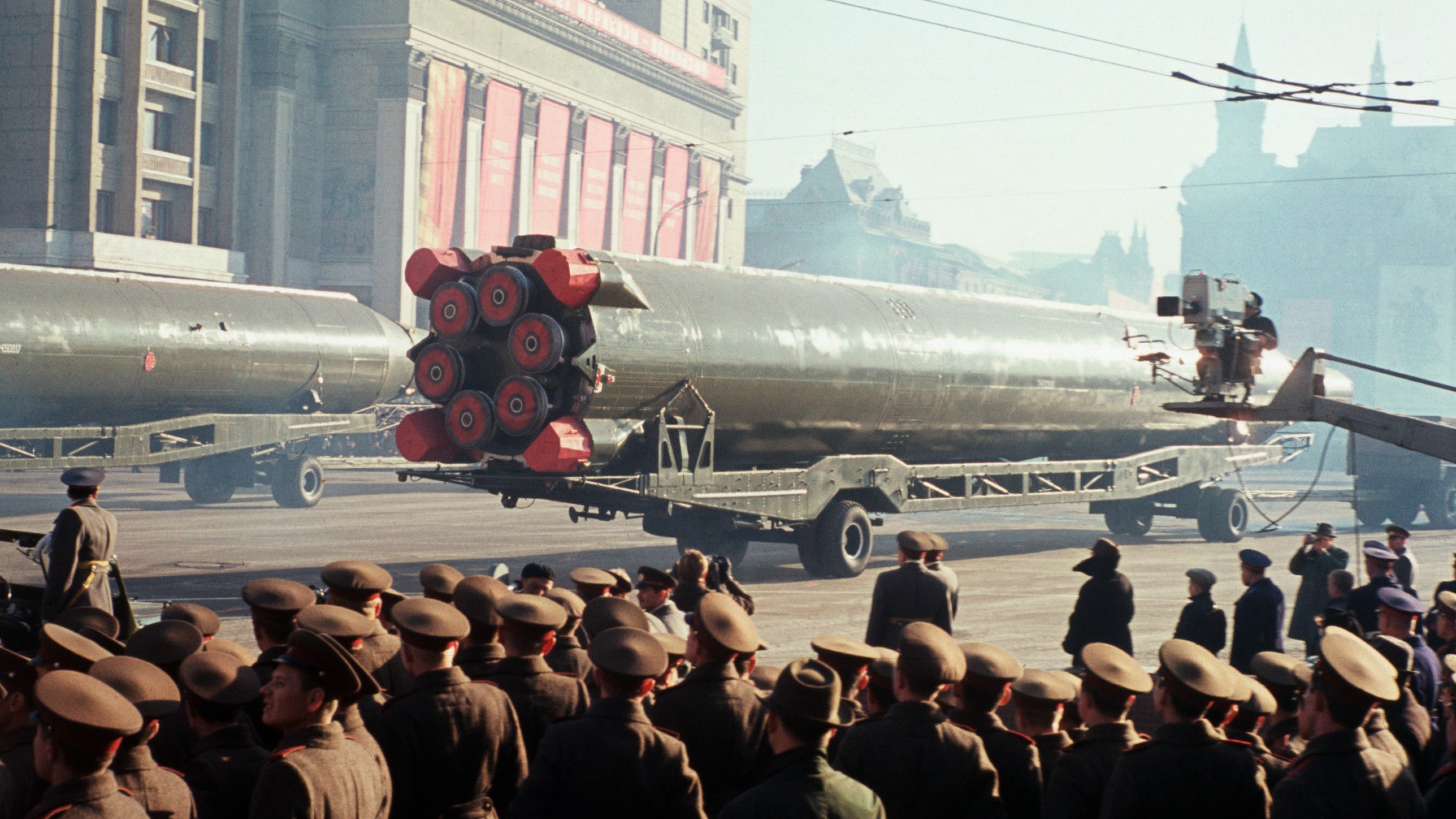 An Intercontinental Ballistic Missile pictured during a military parade in Moscow during the Cold War