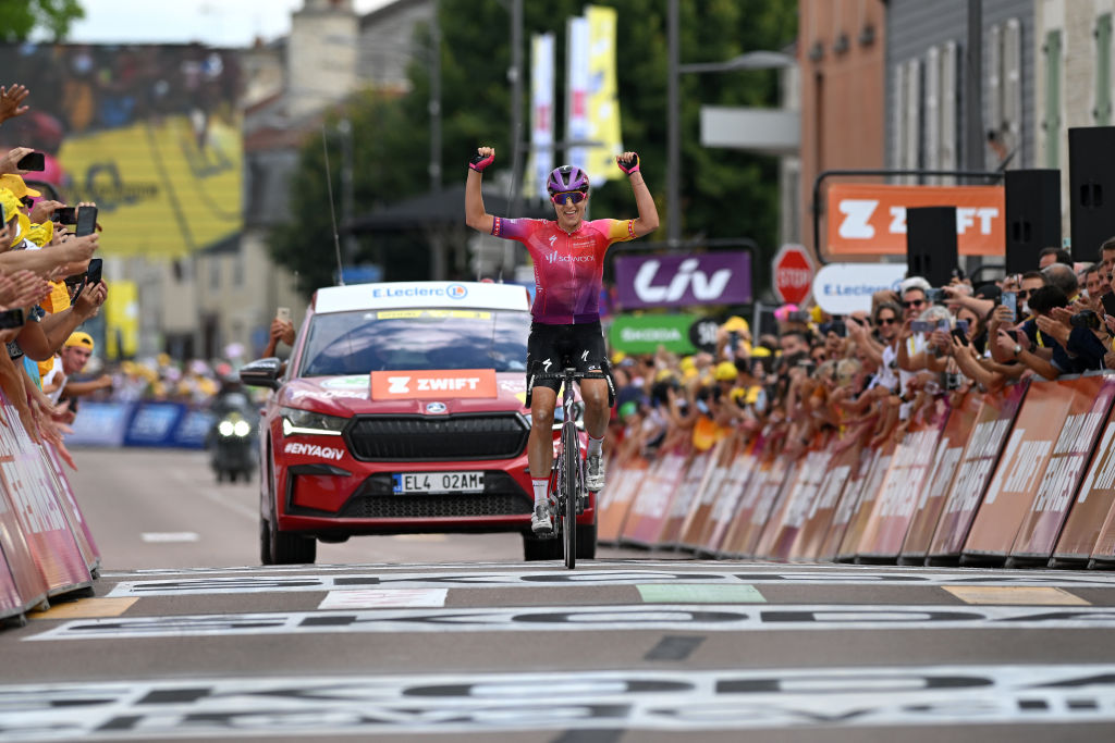 BARSURAUBE FRANCE JULY 27 Marlen Reusser of Switzerland and Team SD Worx celebrates winning during the 1st Tour de France Femmes 2022 Stage 4 a 1268km stage from Troyes to BarSurAube TDFF UCIWWT on July 27 2022 in BarsurAube France Photo by Dario BelingheriGetty Images