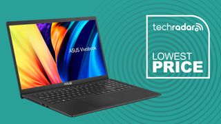 The Asus Vivobook 15 on a teal background with the words 'LOWEST PRICE'.