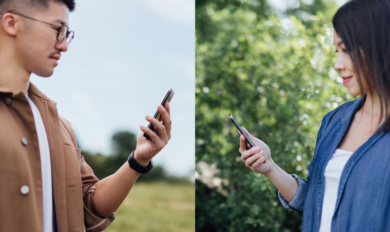 Concept of young Asian couple use dating app on smartphone at different places