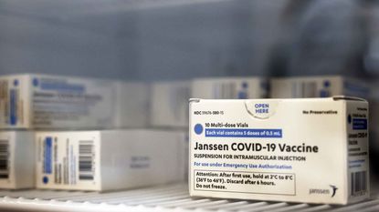 Johnson & Johnson/Janssen COVID-19 vaccine sits in a refrigerator.