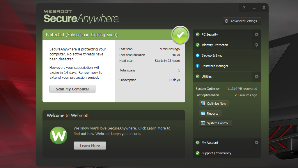 Captura de pantalla de Webroot SecureAnywhere