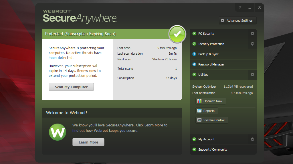 Screenshot of WebrootSecureAnywhere