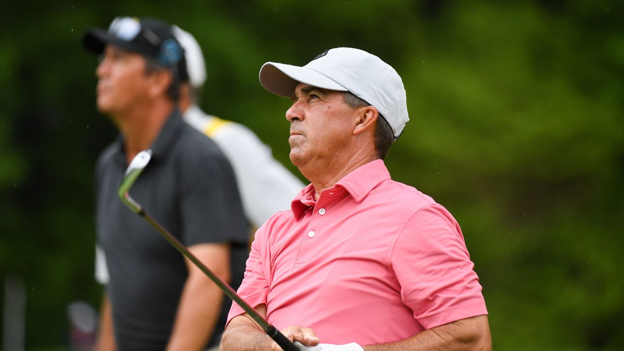 Tracy Phillips hits his shot from the 11th tee during the first round of the 82nd KitchenAid Senior PGA Championship held at Harbor Shores Golf Club on May 26, 2022