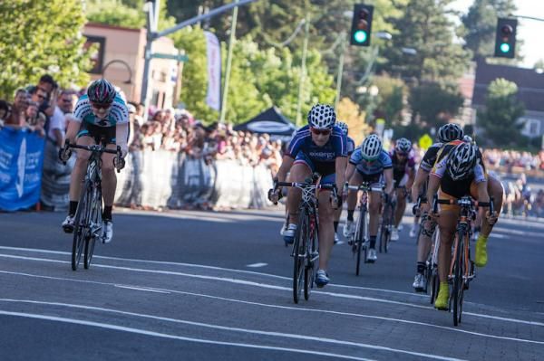Carmen Small (Optum) on the far right takes a close sprint finish.